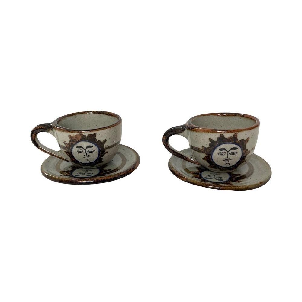 Tonala Sun Motif Cup and Saucer Mexican Pottery set of 2